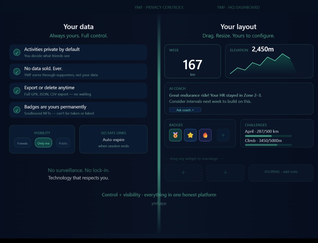 YMF privacy controls beside modular widget HQ dashboard