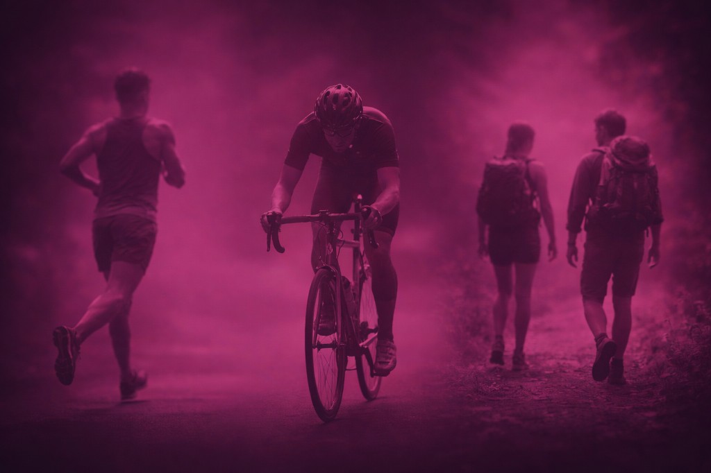Hikers in misty magenta tones